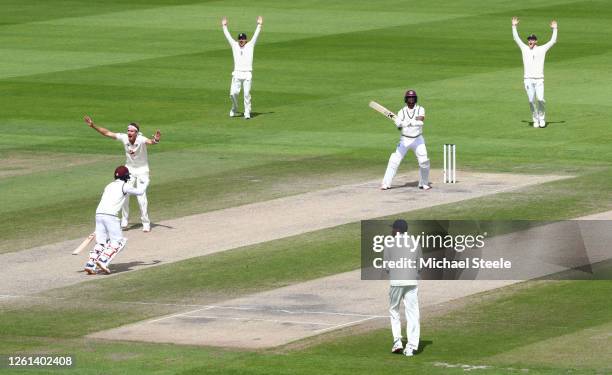 Stuart Broad of England appeals successfully for the wicket of Kraigg Brathwaite of West Indies for his 500th Test Wicket during Day Five of the Ruth...