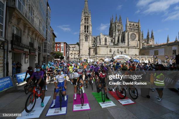 Start / Remco Evenepoel of Belgium and Team Deceuninck - Quick-Step / Mads Pedersen of Denmark and Team Trek-Segafredo / Ivan Ramiro Sosa Cuervo of...