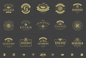 Sushi restaurant logos and badges set japanese food with sushi salmon rolls silhouettes vector illustration