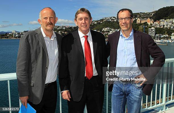 Economist Gareth Morgan, CEO of the A-League Lyall Gorman and Investment banker Rob Morrison pose after a Wellington Phoenix press conference at the...