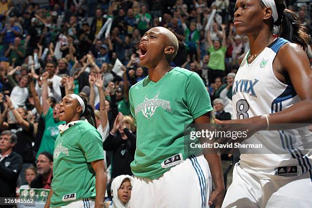 Charde Houston of the Minnesota Lynx reacts to a call during the game against the Phoenix Mercury in Game One of the Western Conference Finals during...