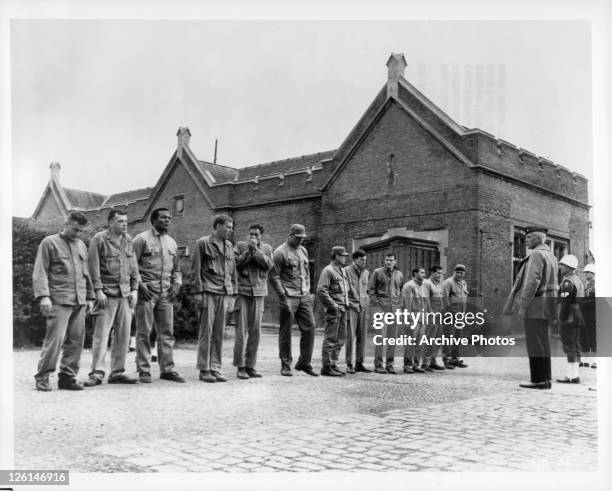 The Dirty Dozen line up for the first time - John Cassavetes, Tom Busby, Jim Brown, Don Sutherland, Ben Carruthers, Clint Walker, Charles Bronson,...