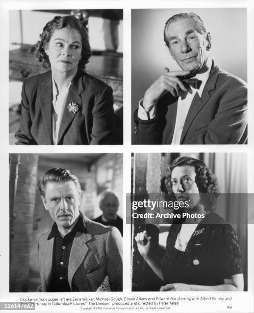 Head shot photos clockwise from upper left are Zena Walker, Michael Gough, Eileen Atkins and Edward Fox in a scene from the film 'The Dresser', 1983.