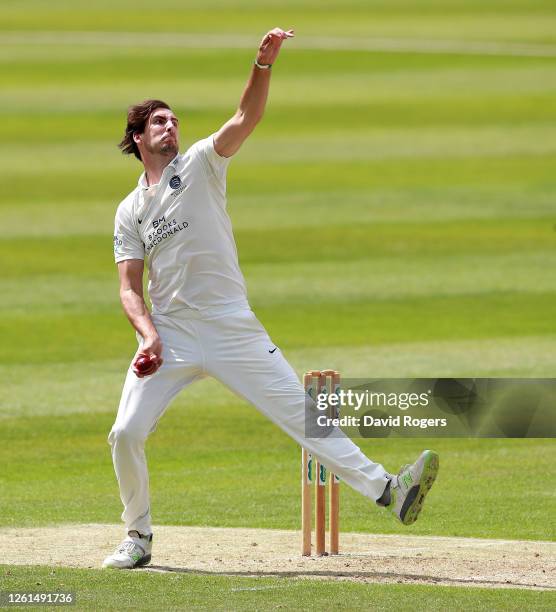 Steven Finn of Middlesex bowls during the pre season friendly match between Northamptonshire and Middlesex at The County Ground on July 28, 2020 in...