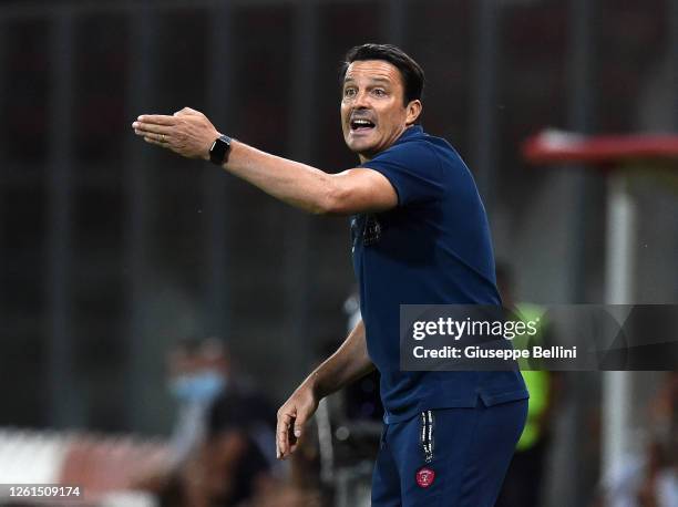 Massimo Oddo head coach of AC Perugia gestures during the serie B match between AC Perugia and Trapani Calcio at Stadio Renato Curi on July 27, 2020...