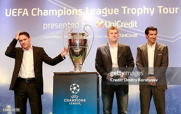 Dmitri Alenichev, Davor Suker, Luis Figo poses for photo during the UEFA Champions League Trophy Tour 2011 on September 23, 2011 in Moscow, Russia.