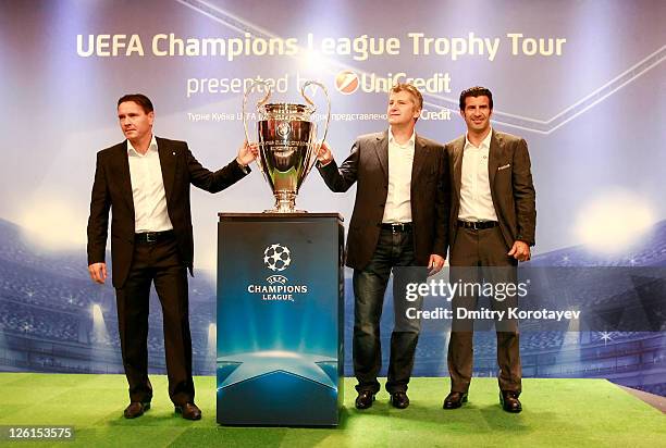 Dmitri Alenichev, Davor Suker, Luis Figo poses for photo during the UEFA Champions League Trophy Tour 2011 on September 23, 2011 in Moscow, Russia.