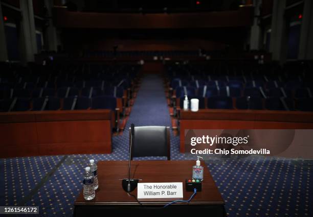 The witness table is set in the room where U.S. Attorney General William Barr will testify before the House Judiciary Committee in the Congressional...