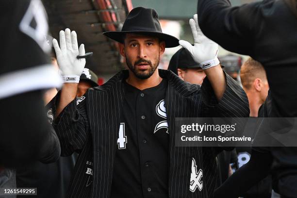 Chicago White Sox catcher Seby Zavala celebrates in the dugout after his home run during the MLB game between the Chicago White Sox and the Los...