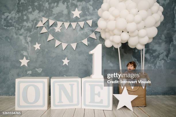 cute baby boy celebrating first birthday in beautiful light blue decorations - first birthday 個照片及圖片檔