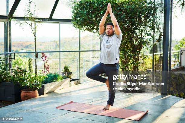 young man practicing the tree pose in a yoga studio - men balancing stock pictures, royalty-free photos & images