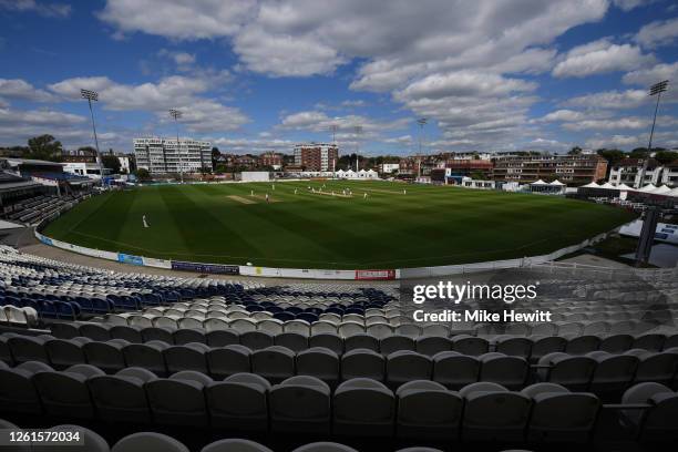 Cricket takes place behind closed doors during a friendly match between Sussex and Hampshire at County Ground on July 28, 2020 in Hove, England.