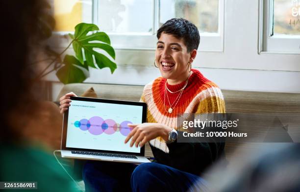 cheerful young woman with laptop smiling - creatividad fotografías e imágenes de stock