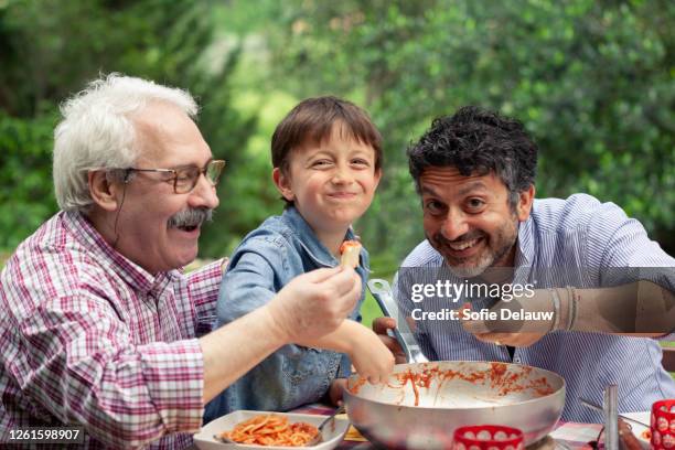 boy enjoying a meal together with father and grandfather - casserole photos et images de collection