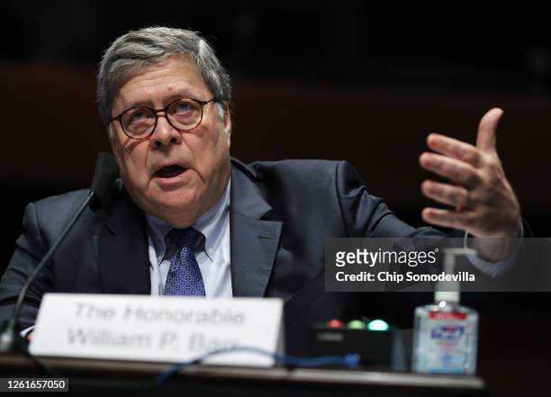 Attorney General William Barr testifies during a House Judiciary Committee hearing on Capitol Hill on July 28, 2020 in Washington, DC. In his first...