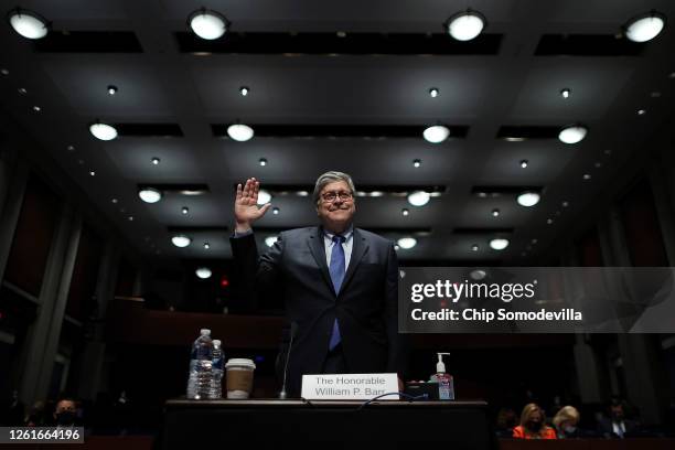 Attorney General William Barr is sworn in before testifying before the House Judiciary Committee on Capitol Hill on July 28, 2020 in Washington, DC....