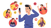 Angry people men, women bullies send aggressive messages & bully sad disturbed guy. Harassing victim read messages on cell phone suffering from cyber bullying. Harassment problem vector illustration