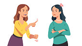 Two arguing women. Angry lady yelling, shaking clenched fist and pointing finger at annoyed disagreeing friend. Person losing temper in conflict. People argument. Flat vector character illustration