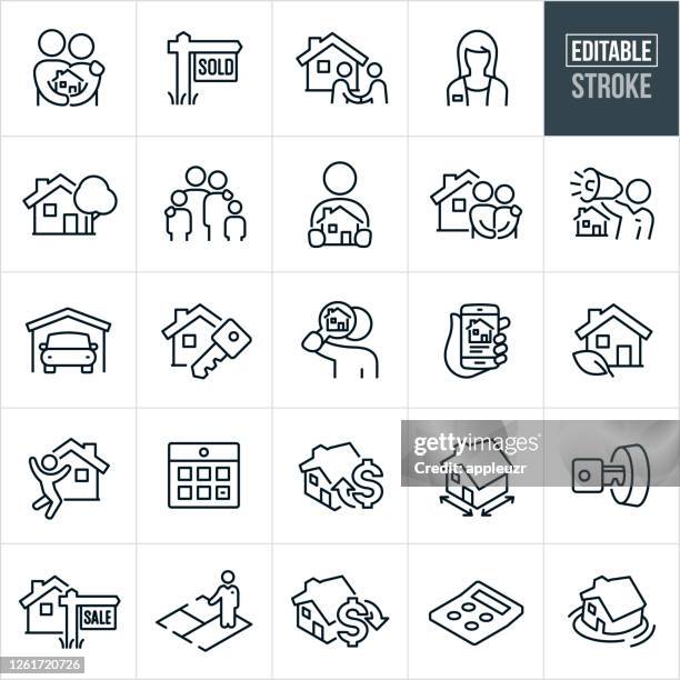 ilustraciones, imágenes clip art, dibujos animados e iconos de stock de iconos residenciales de línea delgada de bienes raíces - trazo editable - llave de la casa