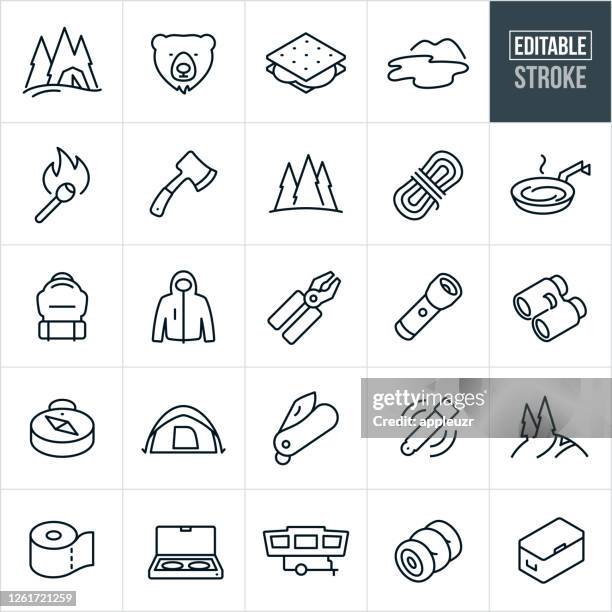camping thin line icons - editable stroke - taschenlampe stock-grafiken, -clipart, -cartoons und -symbole