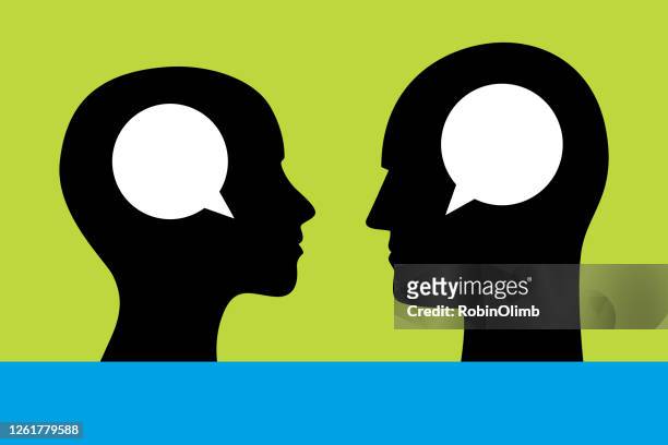 female and male speech bubble heads - two people icon stock illustrations