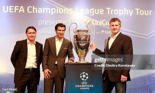 Dmitri Alenichev, Luis Figo and Davor Suker poses for photo during the UEFA Champions League Trophy Tour 2011 on September 23, 2011 in Moscow, Russia.