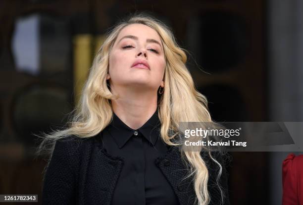 Amber Heard gives a statement after the libel case at the Royal Courts of Justice, the Strand on July 28, 2020 in London, England. Hollywood Actor...