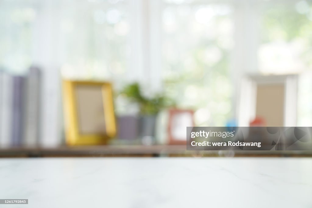 Empty marble table with shelf decorate background