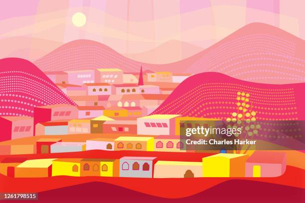 rural town landscape illustration at dusk with houses and mountains in folk art style - house line art stock pictures, royalty-free photos & images