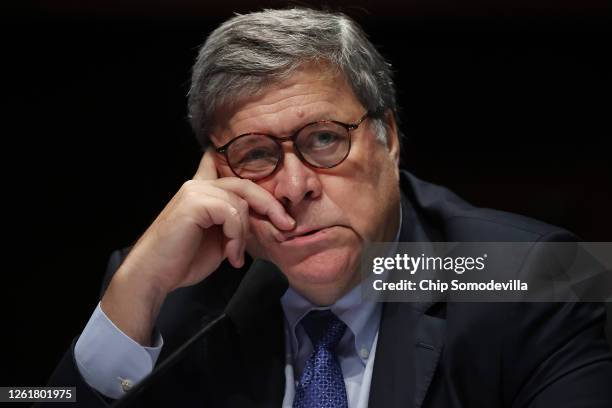 Attorney General William Barr testifies before the House Judiciary Committee in the Congressional Auditorium at the U.S. Capitol Visitors Center July...