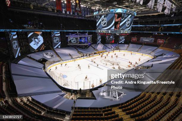 General view of the arena during warm-ups prior to an exhibition game between the Pittsburgh Penguins and the Philadelphia Flyers before the start of...