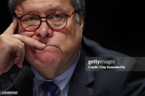 Attorney General William Barr testifies before the House Judiciary Committee in the Congressional Auditorium at the U.S. Capitol Visitors Center July...
