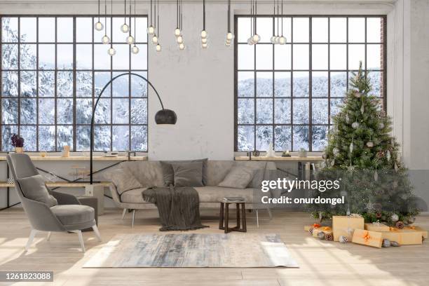 christmas tree in living room - christmas interior stock pictures, royalty-free photos & images