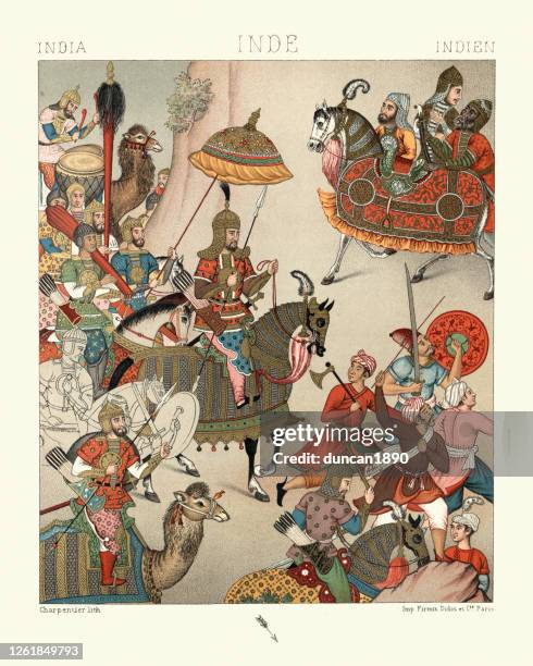 military costumes of 16th century india, warriors, royal cavalry, infantry - mughal empire stock illustrations
