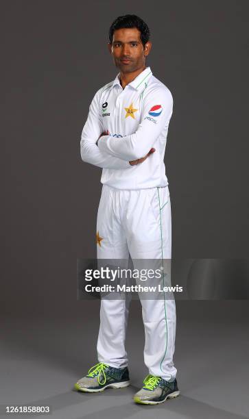 Asad Shafiq of Pakistan poses for a portrait during the Pakistan Test Squad Photo call at Derbyshire CCC on July 28, 2020 in Derby, England.