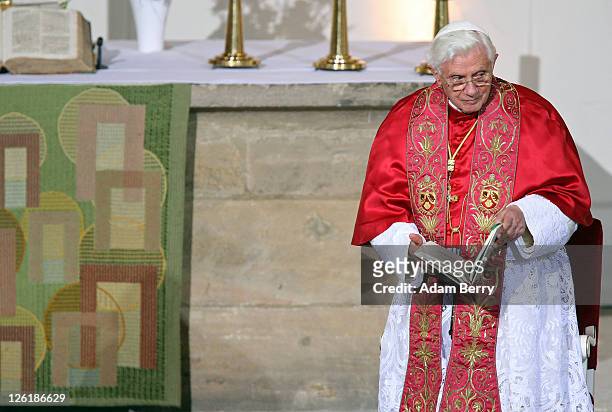 Pope Benedict XVI prepares to lead an ecumenical devotion at the Augustinerkloster abbey on September 23, 2011 in Erfurt, Germany. The Pope is in...