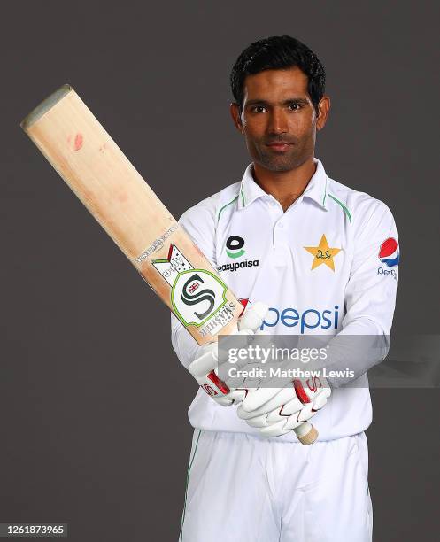 Asad Shafiq of Pakistan poses for a portrait during the Pakistan Test Squad Photo call at Derbyshire CCC on July 28, 2020 in Derby, England.