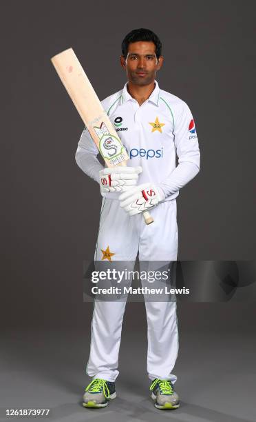 Asad Shafiq of Pakistan poses for a portrait during the Pakistan Test Squad Photo call at Derbyshire CCC on July 28, 2020 in Derby, England.