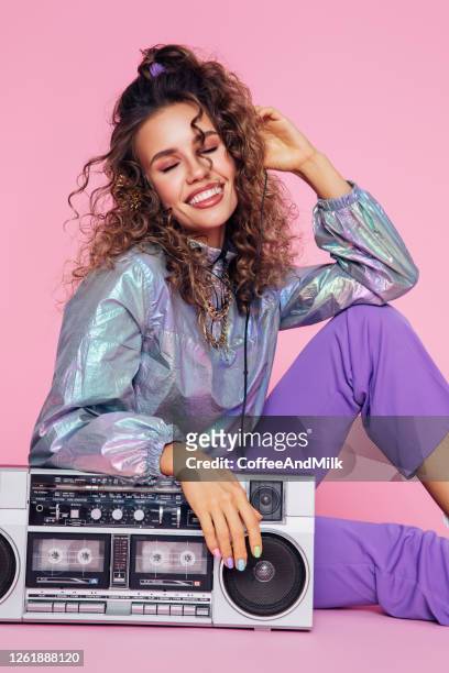 portrait of fancy crazy girl with cassette boom box enjoying music - girls boom box stock pictures, royalty-free photos & images