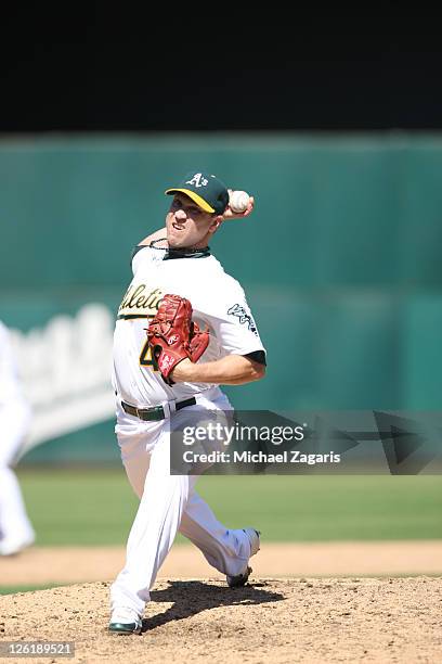 Michael Wuertz of the Oakland Athletics pitches during the game against the Kansas City Royals at the Oakland-Alameda County Coliseum on September 5,...