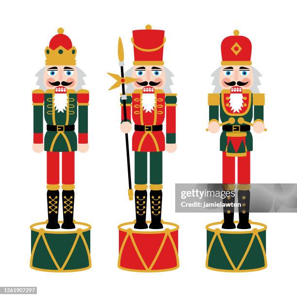 stockillustraties, clipart, cartoons en iconen met kerst notenkraker cijfers - speelgoed soldier doll decoraties - drum percussion instrument