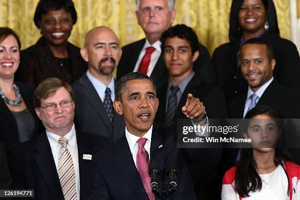 President Barack Obama speaks at an event on reform of the "No Child Left Behind" educational program in the East Room of the White House September...