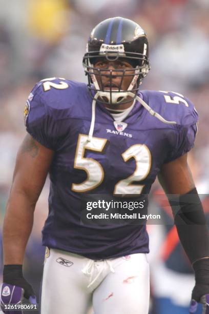 Ray Lewis of the Baltimore Ravens looks on during an NFL football game against the Dallas Cowboys on November 21, 2004 at M & T Bank Stadium in...