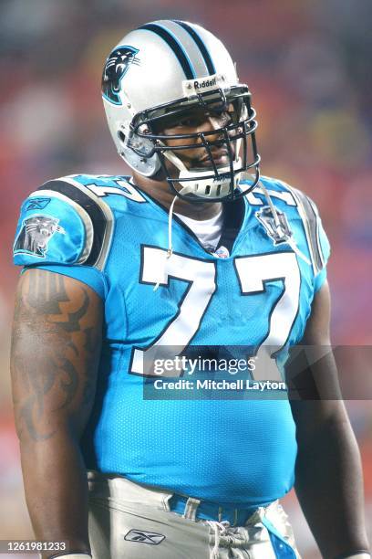 Kris Jenkins of the Carolina Panthers looks on during an NFL exhibition football game against Washington Redskins at FedEx Field on August 14, 2004...