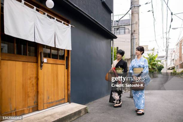 japanische freundinnen in yukata betreten traditionelles japanisches "ryokan" hotel - noren stock-fotos und bilder