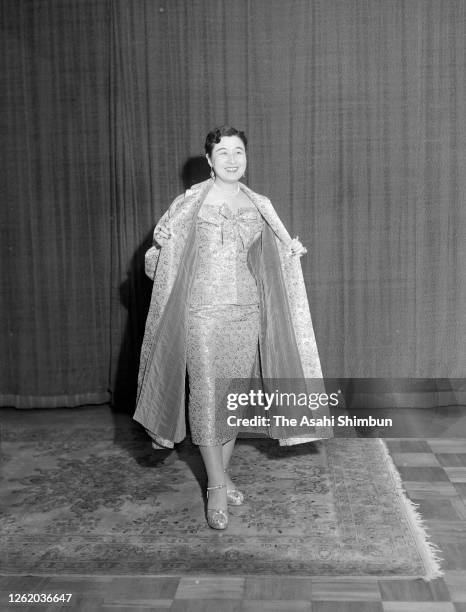 Princess Kikuko of Takamatsu poses with wearing a gown presented from Christian Dior on December 14, 1954 in Tokyo, Japan.