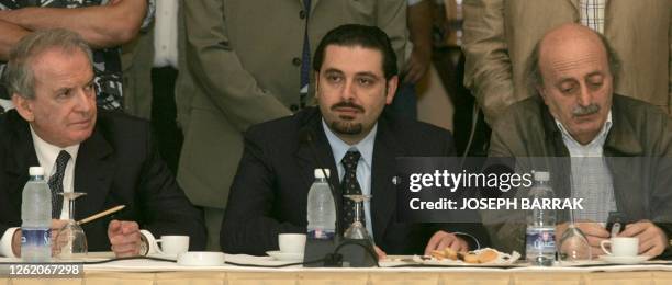 Lebanese MPs Marwan Hamadeh, Saad Hariri and Walid Jumblatt attend 02 June 2005 an opposion meeting at a hotel in Beirut. The Lebanese opposition...