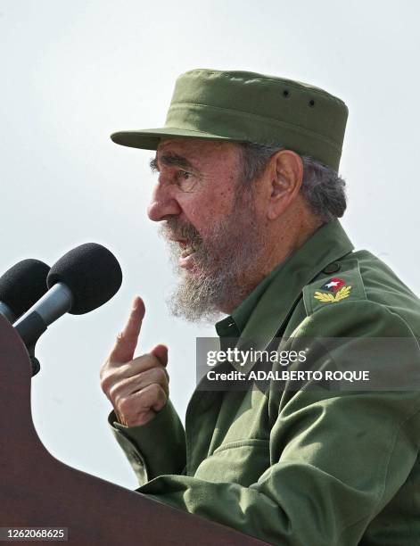 Cuban President Fidel Castro delivers a speech before hundreds of thousands of people gathered at Havana's Plaza de la Revolucion , to commemorate...