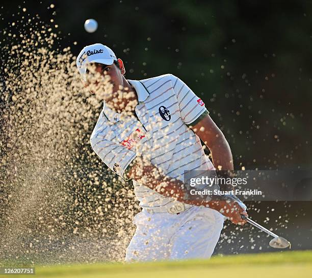 Gaganjeet Bhullar of India plays a bunker shot during the second round of the Austrian Golf Open presented by Lyoness at the Diamond Country Club on...