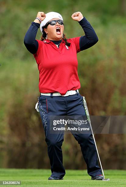 Christina Kim of the USA reacts on the 13th green during the afternoon fourballs on day one of the 2011 Solheim Cup at Killeen Castle Golf Club on...